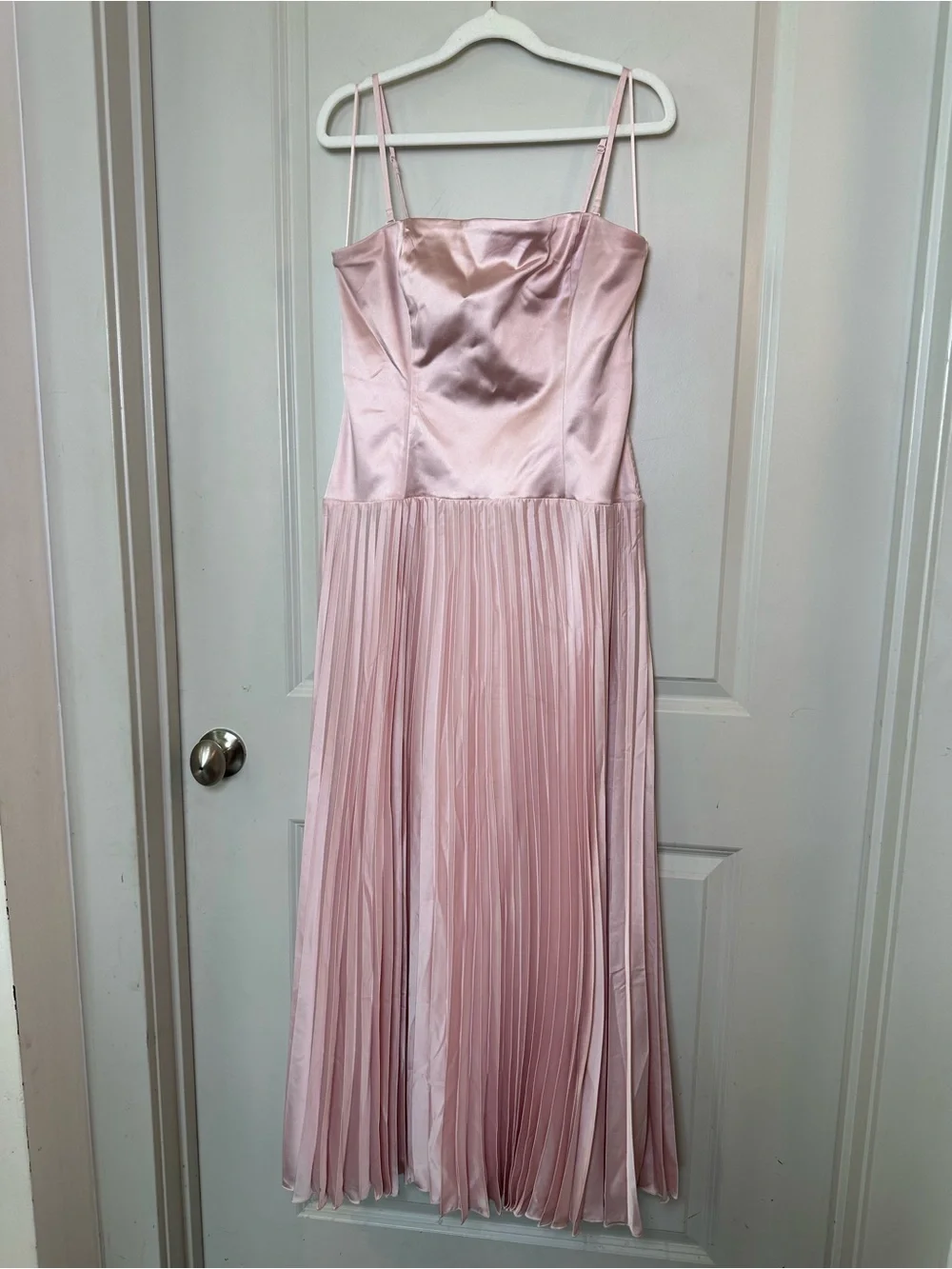 A&F Giselle Drop Waist Satin Accordion Skirt Baby Pink Strapless Maxi Dress, L